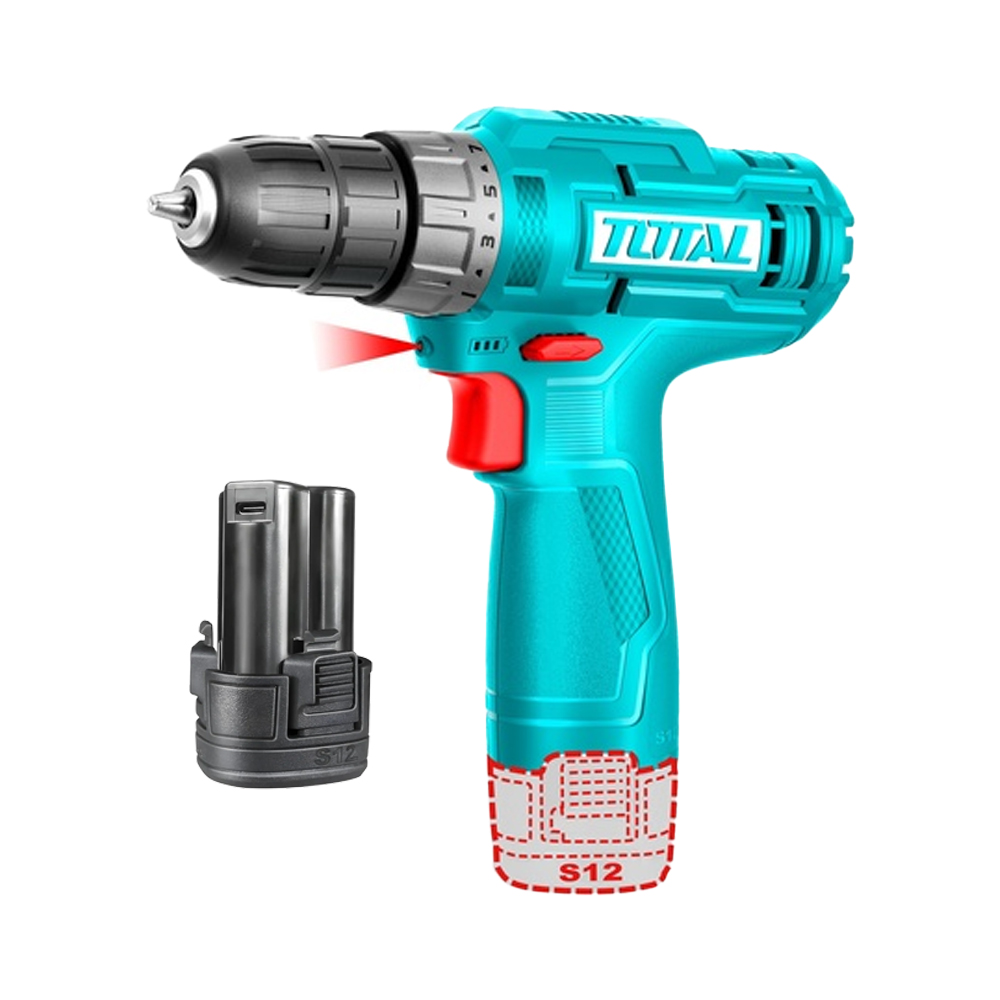 TALADRO INALAMBRICO 3/8 (10MM) 12V TOTAL INCLUYE 1 BATERIA DE 1.5AH NO INCLUYE CARGADOR(TDLI12428)