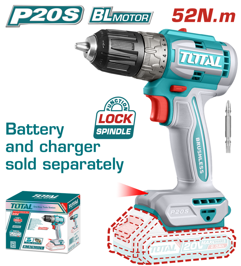 TALADRO INALAMBRICO 3/8" 20V 52 N.M CARGADOR Y BATERIA NO INCLUIDO SUPER TOTAL (TDLI204531)