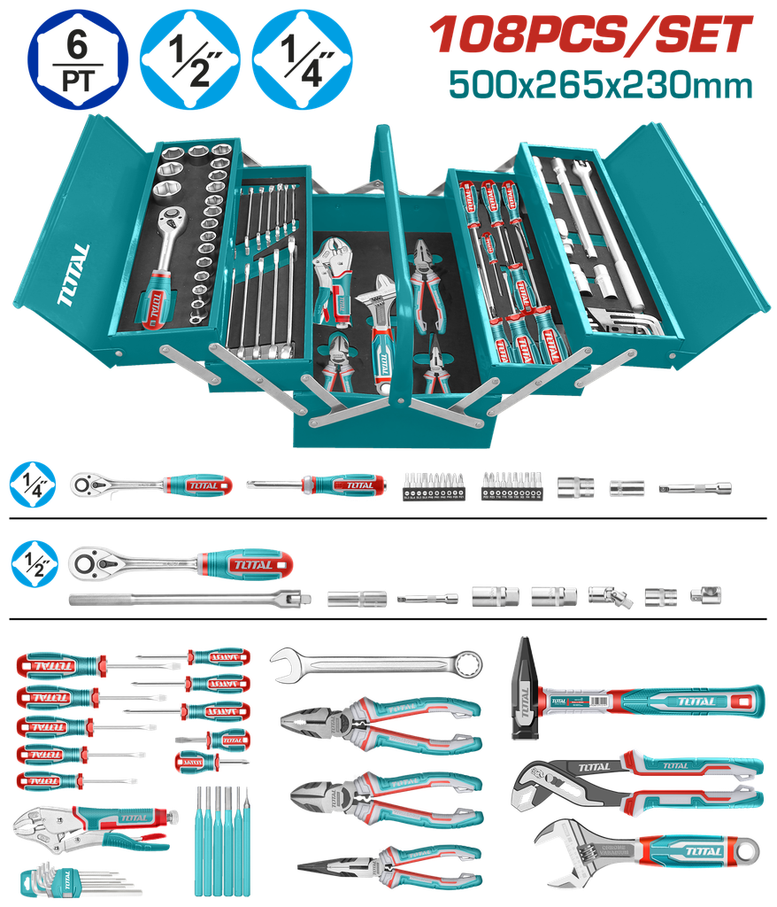 CAJA DE HERRAMIENTAS INCLUYE 108 PZS INDUSTRIAL METALICA TOTAL   (THTCS121081)
