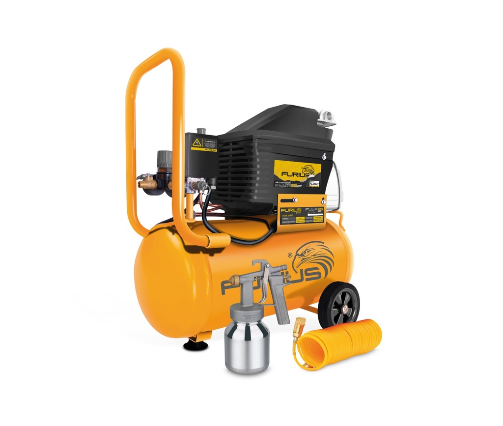 COMPRESOR FURIUS AIRE DIRECTO HORIZONTAL 25L  2.0HP 115PSI INCLUYE PISTOLA DE PINTAR Y 5 METROS MANGUERA (FC25KIT)