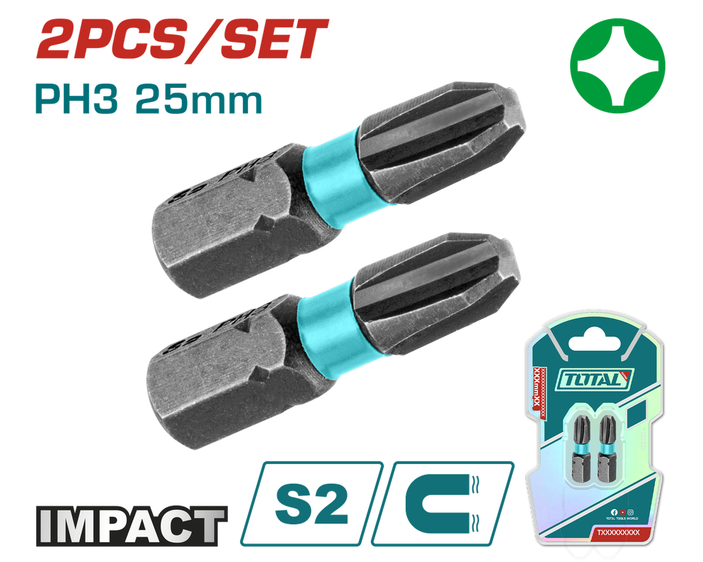 PUNTAS TALADRO IMANTADA PH3 25MM (+) (+) JUEGO X 2 PZS INDUSTRIAL SUPER TOTAL (TACIM71PH325)