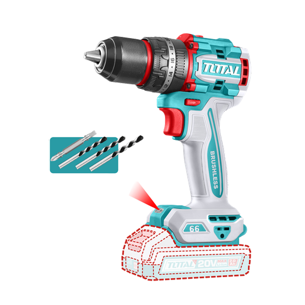 TALADRO PERCUTOR ATORNILLADOR INALAMBRICO 1/2 20V 66NM BATERIA Y CARGADOR SE VENDEN POR SEPARADO, INCLUYE 4 ACCESORIOS INDUSTRIAL SUPER TOTAL (TIDLI206681)