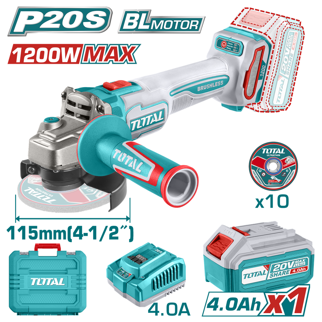 PULIDORA INALAMBRICA 4 1/2 INDUSTRIAL 20 V 1200W INCLUYE BATERIA 4.0 AH, CARGADOR Y 10 DISCOS, MOTOR SIN ESCOBILLAS INDUSTRIAL SUPER TOTAL (UTAGLI2211531A)