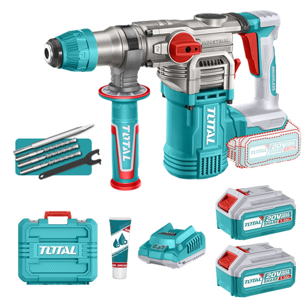 TALADRO INALAMBRICO ROTOMARTILLO SDS PLUS  4.5 JULES INCLYE  2 BATERIAS 5.0 AH, 1 CARGADOR  Y ACCESORIOS INDUSTRIAL SUPER TOTAL (UTRHLI202885)
