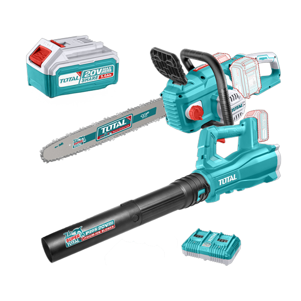 JUEGO DE MOTOSIERRA Y SOPLADORA INALAMBRICA 20V INCLUYE 2 BATERIAS 5,0 AH  Y CARGADOR DOBLE INDUSTRIAL SUPER  TOTAL (UTOSLI240463)