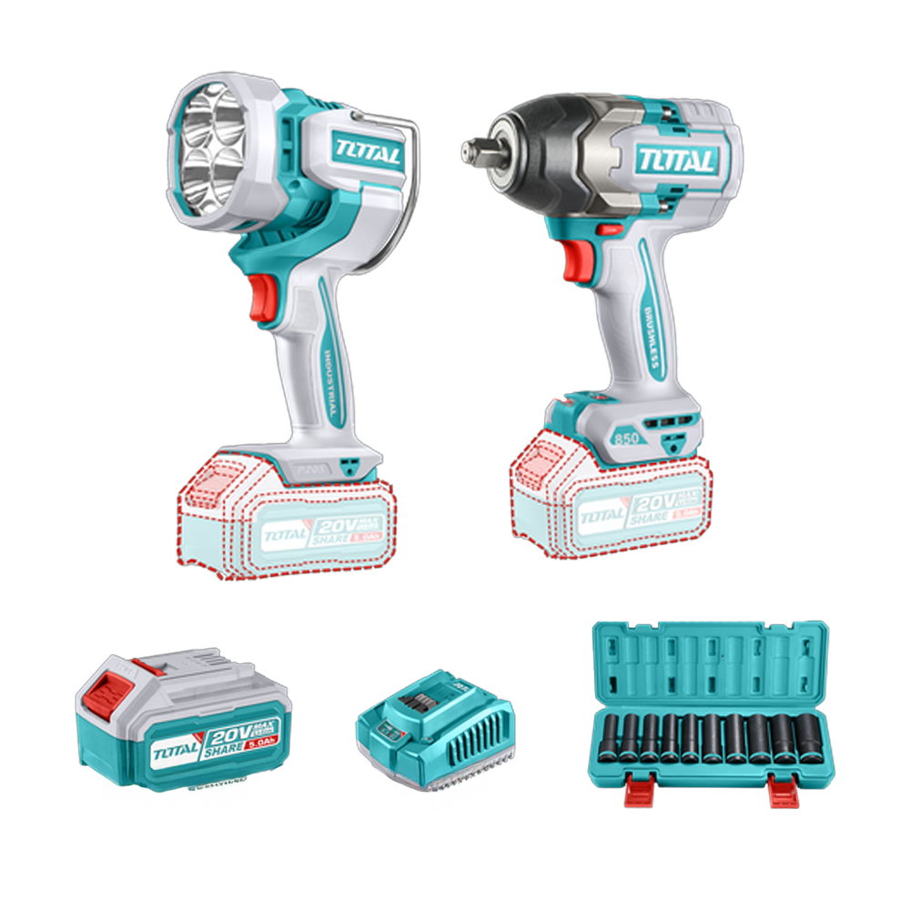 COMBO INALAMBRICO 20V PISTOLA IMPACTO INALAMBRICA 1/2 850NM + LAMPARA DE TRABAJO INALAMBRICA 2000 LUMENES +  JUEGO DE COPA ( 10-24MM)  INCLUYE 2 BATERIAS 5.0 AH, CARGADOR Y  SUPER TOTAL ( UTOSLI241181)  