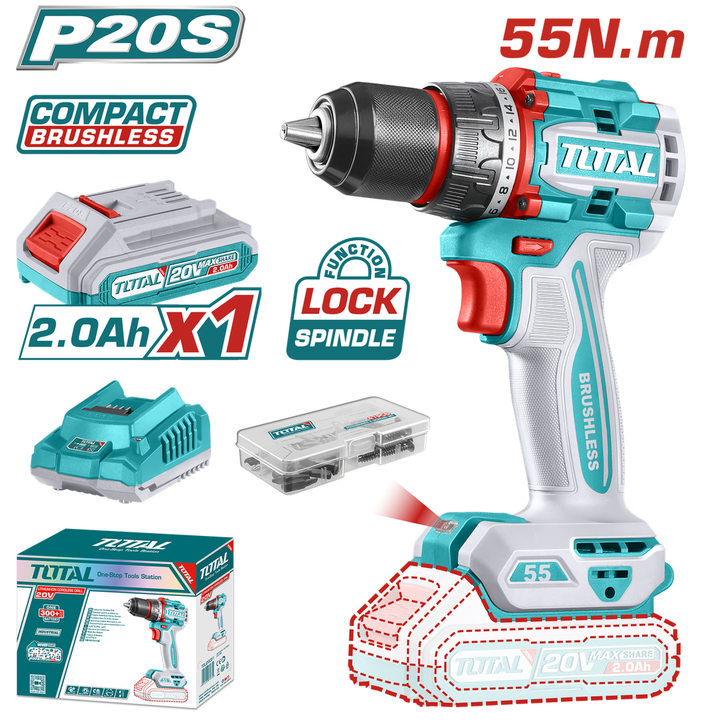 TALADRO ATORNILLADOR INALAMBRICO 1/2 20V 55 NM INCLUYE 1 BATERIA DE 2.0AH, CARGADOR,47 ACCESORIOS TOTAL (UTDLI205582)