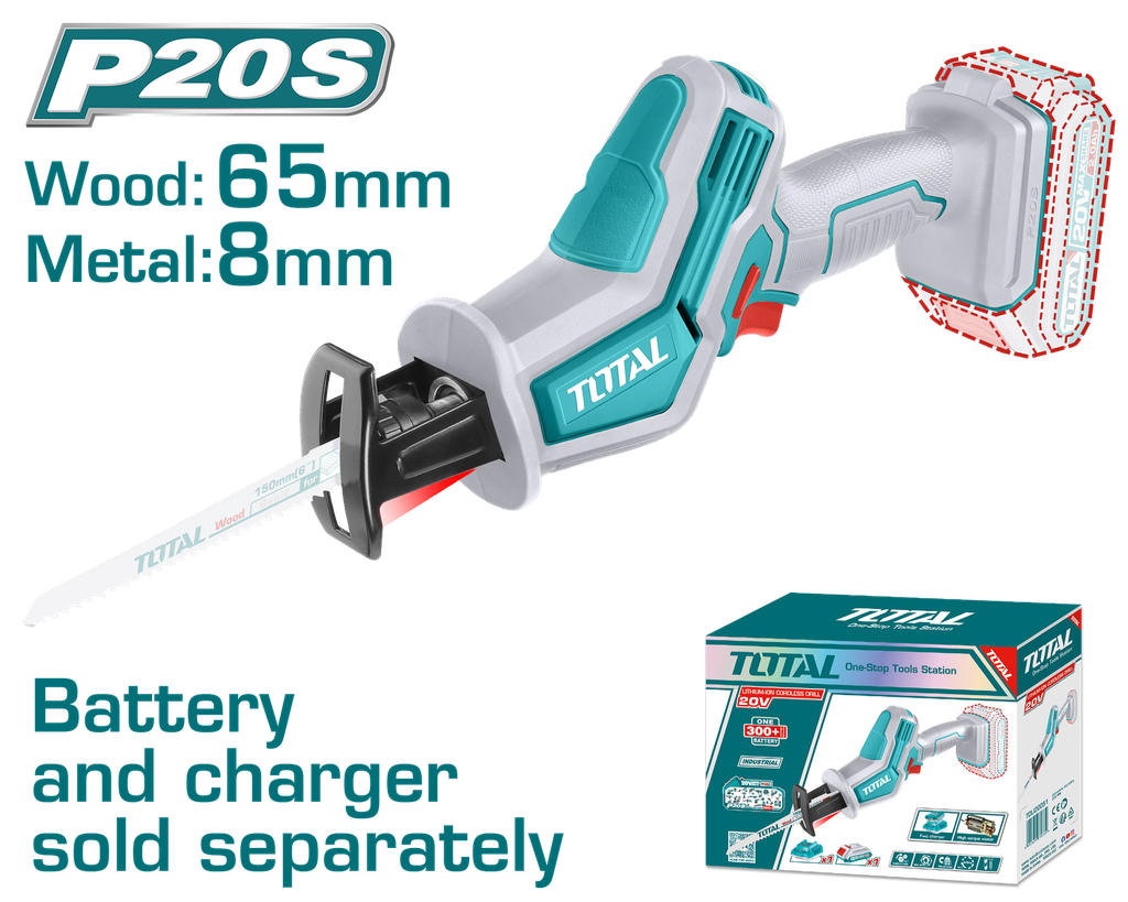 SIERRA SABLE INALAMBRICA 20V  (CAPACIDAD DE CORTE METAL:8MM-MADERA 65MM) BATERIA Y CARGADOR NO INCLUIDO TOTAL (TRSLI6506)