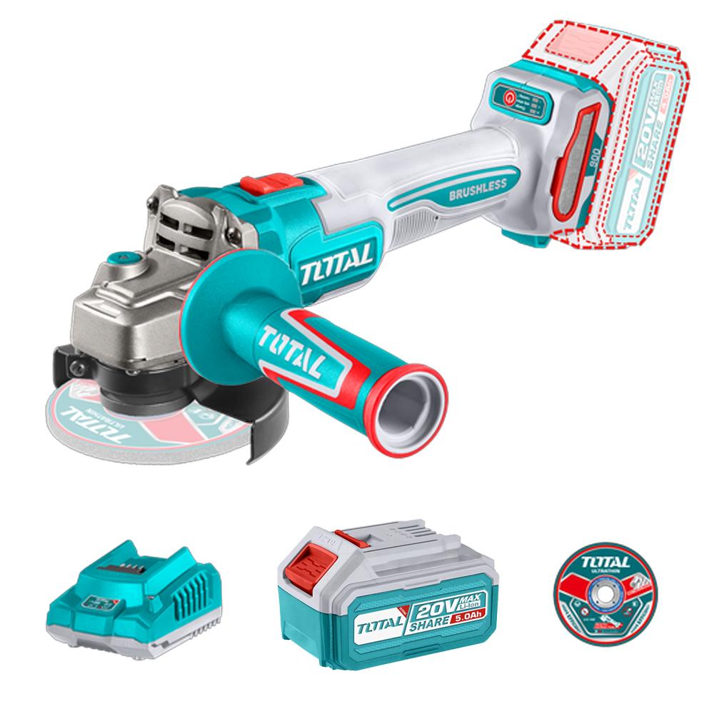 PULIDORA INALAMBRICA 4 1/2 INDUSTRIAL 20 V 900W INCLUYE BATERIA 4.0 AH, CARGADOR Y 5 DISCOS, MOTOR SIN ESCOBILLAS INDUSTRIAL SUPER TOTAL (UTAGLI261521)