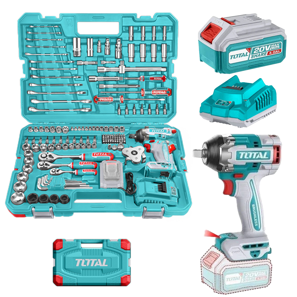 PISTOLA IMPACTO INALAMBRICA 1/2 20V 500 NM INCLUYE 1 BATERIAS 1 CARGADOR + 152 ACCESORIOS INSDUSTRIAL SUPER TOTAL (UTHKTHP31522)