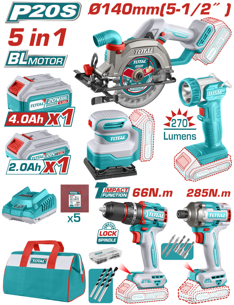 COMBO INALAMBRICO 20V  SIERRA CIRCULAR INALAMBRICA 5-1/2 + TALADRO PERCUTOR ATORNILLADOR 1/2 20V 66 NM + ATORNILLADOR DE IMPACTO 1/4" 285 NM + LIJADORA DE PALMA 4 3/8"X 4" + LINTERNA 270 LUMENES + 1 BATERIA 4.0 AH + 1 BATERIA 2.0 AH + CARGADOR INCLUYE ACCESORIOS INDUSTRIAL SUPER TOTAL (UTOSLI241081)