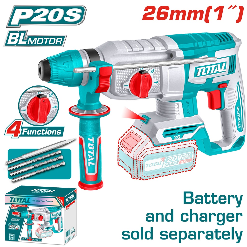 TALADRO ROTOMARTILLO 1" 20V SDS PLUS 2,5 JULES  INCLUYE 3 BROCAS Y 1 CINCEL CARGADOR Y BATERIA NO INCLUIDO INDUSTRIAL TOTAL (TRHLI20268)
