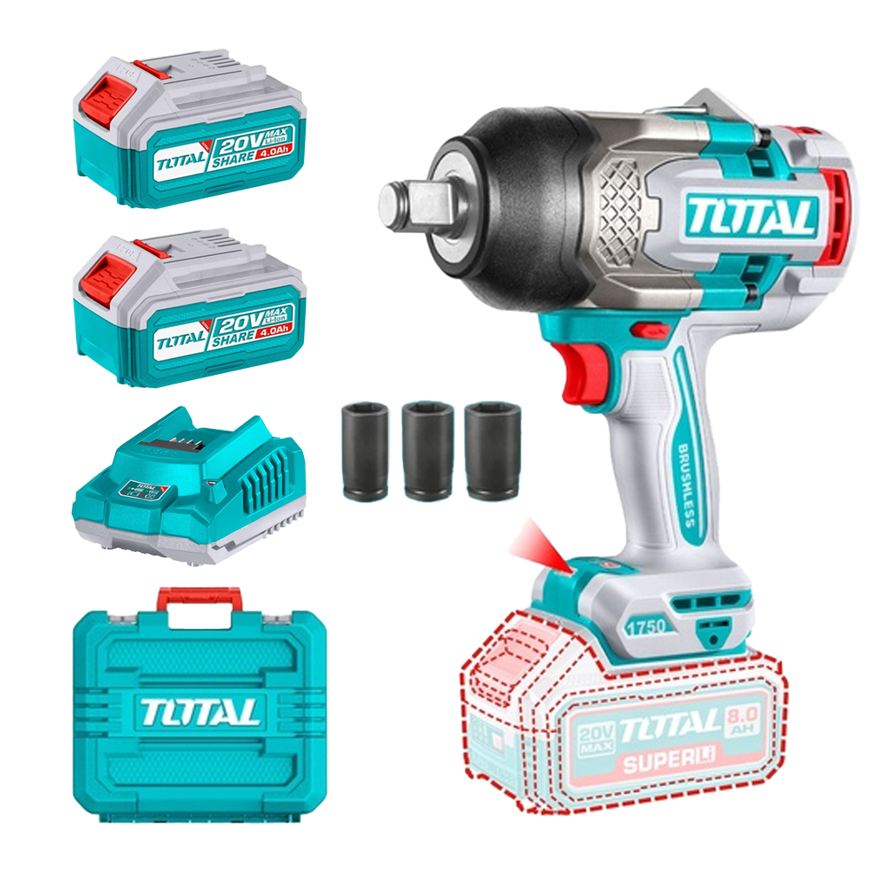 PISTOLA IMPACTO INALAMBRICA 3/4 20V 1750NM INCLUYE 2 BATERIAS (8.0AH)  1 CARGADOR Y 3 COPAS 30,32,34 MM INDUSTRIAL TOTAL (UTIWLI20175)