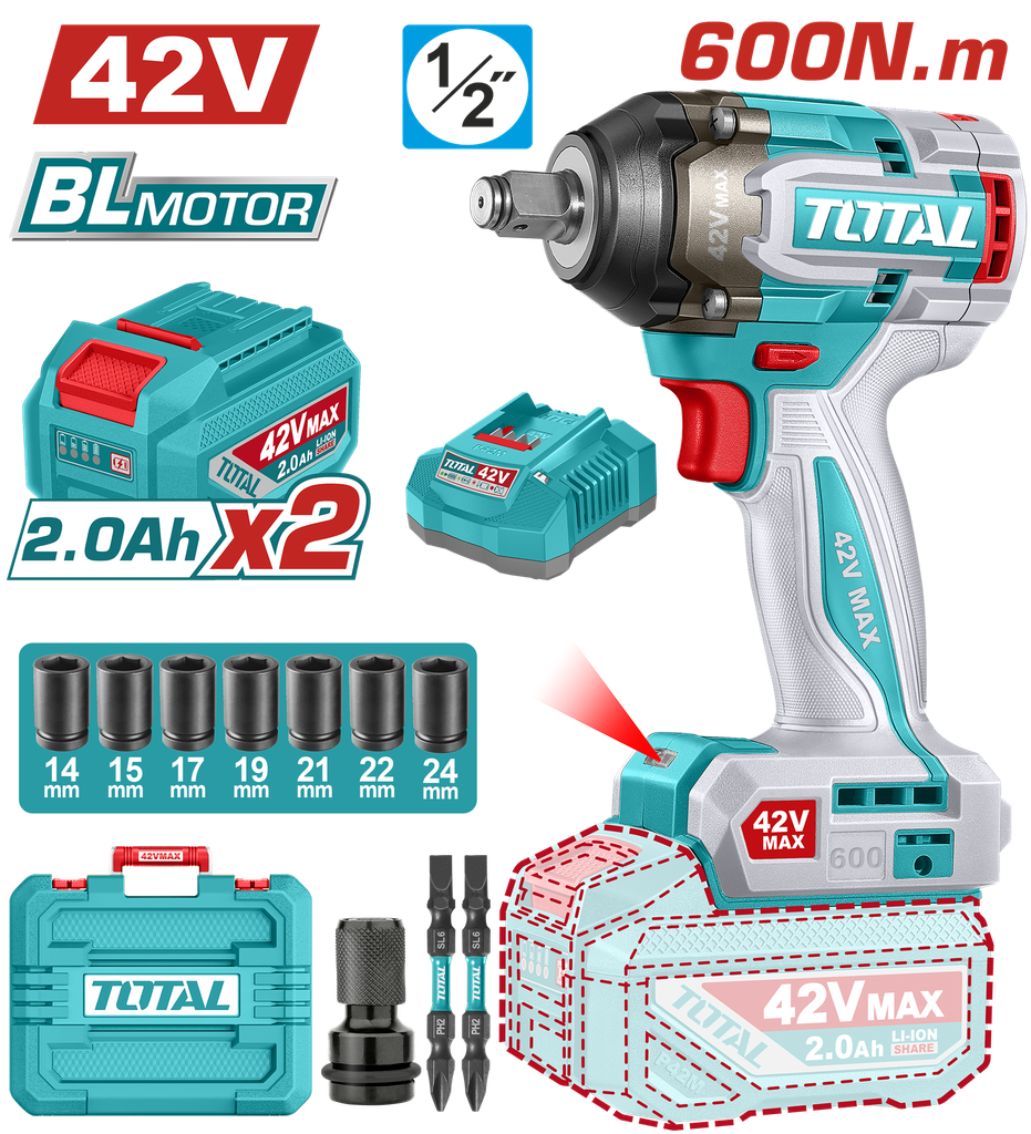PISTOLA IMPACTO 42V 600 NM  INCLUYE 2 BATERIAS 1 CARGADOR COPAS , PUNTA DESTORNILLADOR Y ADAPTADOR INDUSTRIAL SUPER TOTAL(UTIWLI42602)