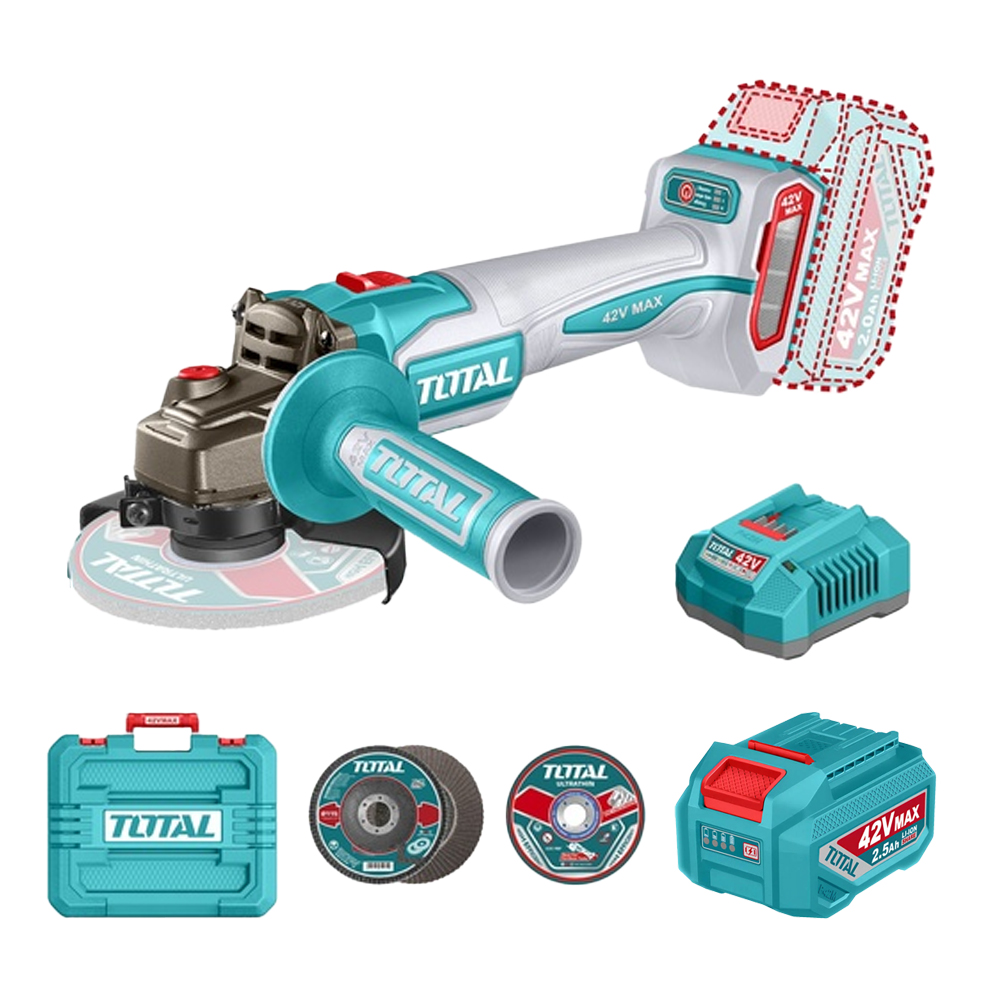 PULIDORA INALAMBRICA 4 1/2 INDUSTRIAL 42V 1080W INCLUYE DISCOS  2 BATERIAS 2.0 AH Y CARGADOR , MOTOR SIN ESCOBILLAS  INDUSTRIAL SUPER TOTAL (UTAGLI4108112)