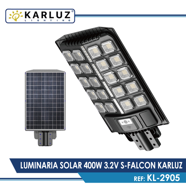 LUMINARIA SOLAR ALUMBRADO PUBLICO 400W FALCON 3.2V 48AH B-LITIO 6500K KARLUZ (KL-2905)