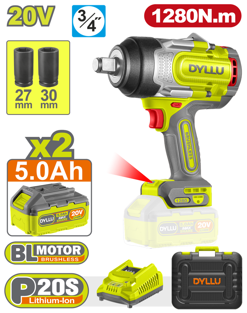 PISTOLA IMPACTO INALAMBRICA 3/4 20V 1280 NM INCLUYE 2 BATERIAS 20V (5.0AH) 1 CARGADOR  Y 2 COPAS 27,30 MM DYLLU (UDTCD1B128)