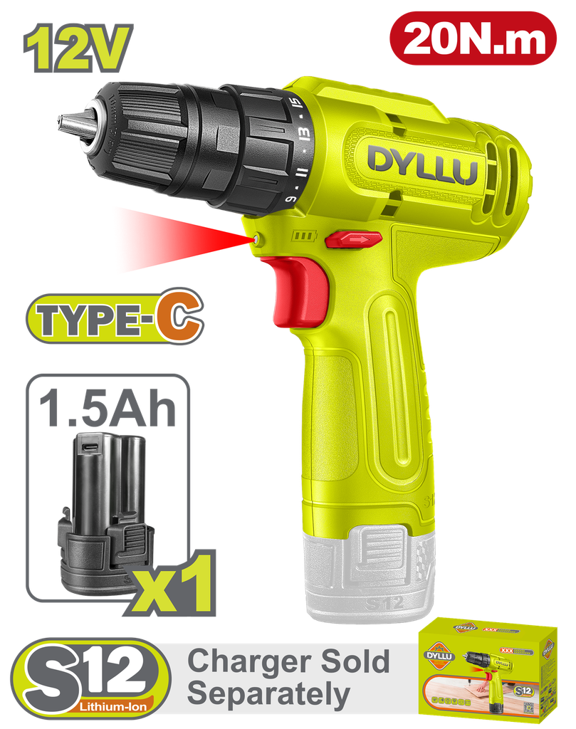 TALADRO INALAMBRICO 3/8" 12V 20NM INCLUYE 1 BATERIA 1.5 AH DYLLU (DTCDS518)
