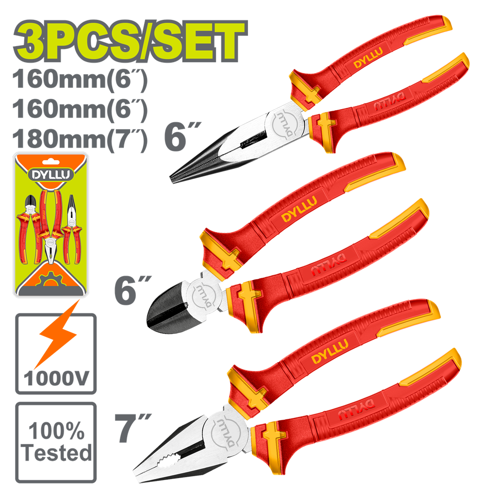 JUEGO DE ALICATES AISLADOS X 3 PZS (PINZA 6CORTAFRIO 6ALICATE 7) DYLLU (DTPS0633)