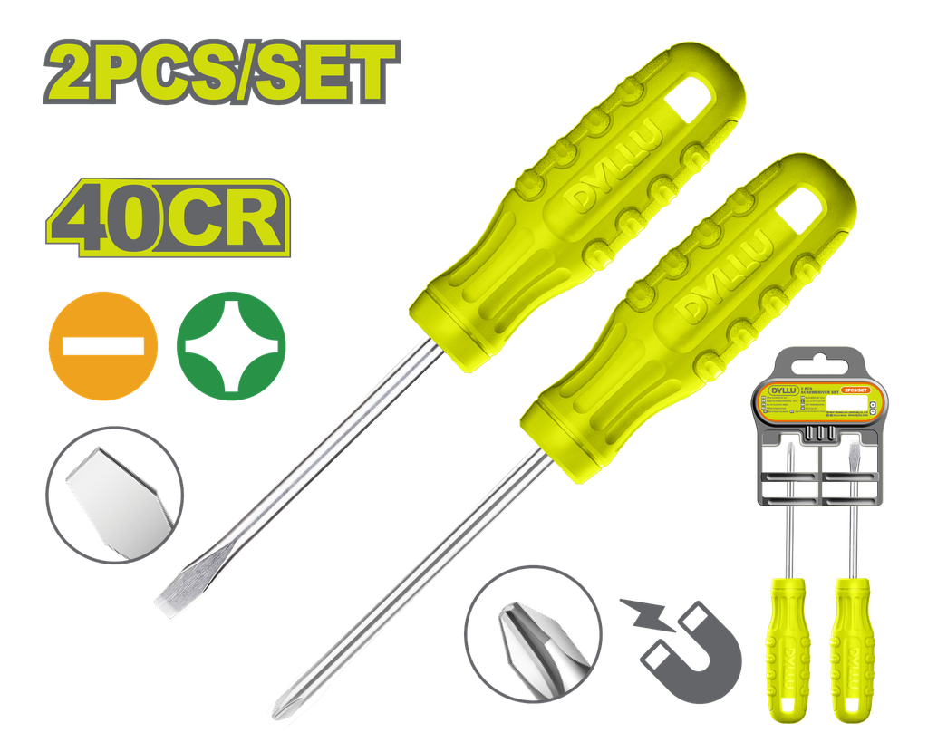 JUEGO DESTORNILLADORES X 2 PZS PUNTA IMANTADA 1/4X4" (+)(-)  DYLLU (DTSS2302)