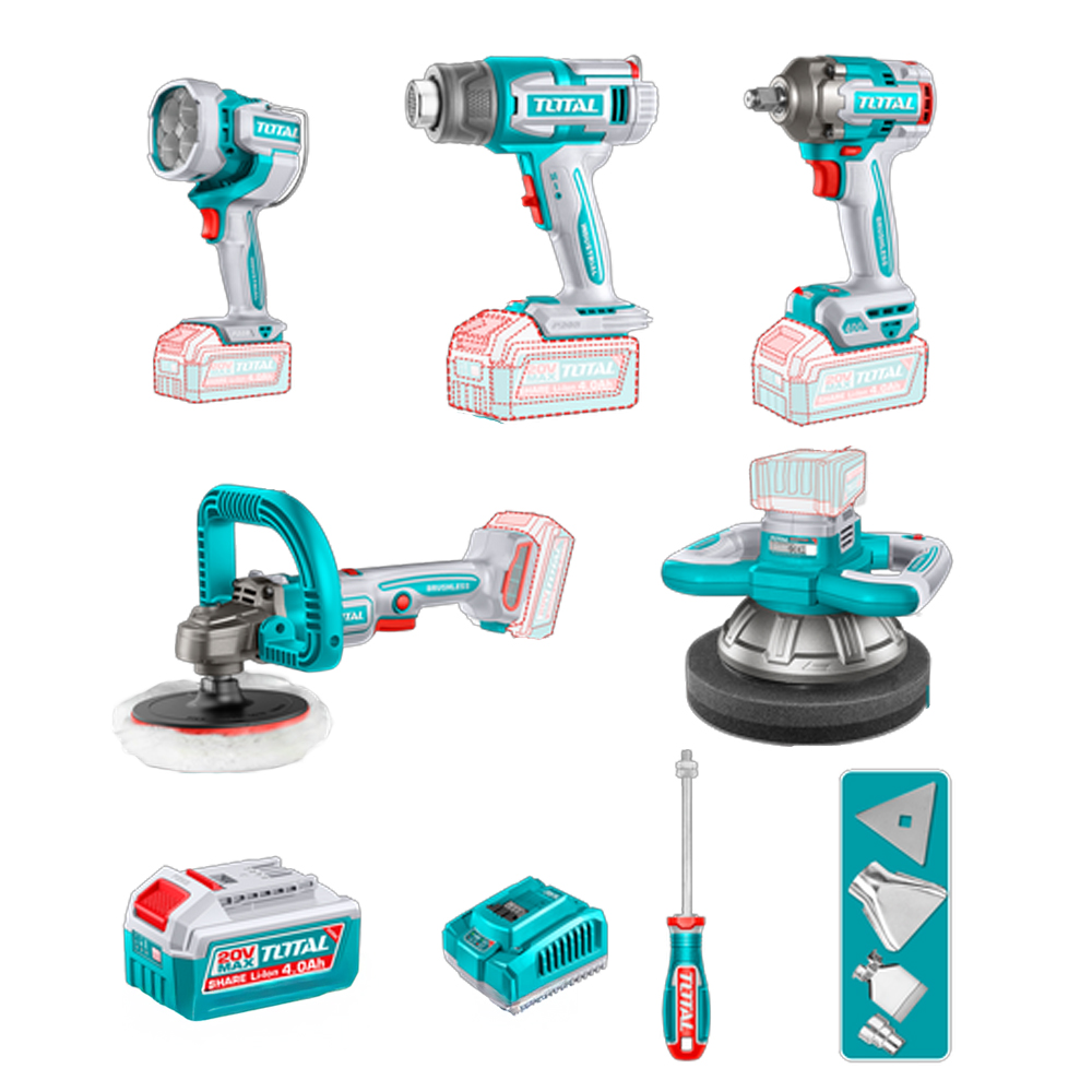 COMBO INALAMBRICO 20V  POLICHADORA  ORBITAL 10"+ POLICHADORA 7" + PISTOLA IMPACTO 1/2" 400NM  + LAMPARA DE TRABAJO LM2000 + PISTOLA CALOR CON TEMPERATURA AJUSTABLE PANTALLA LCD +  2 BATERIAS 4.0 AH + CARGADOR 20V Y ACCESORIOS INDUSTRIAL SUPER TOTAL (UTOSLI250592)