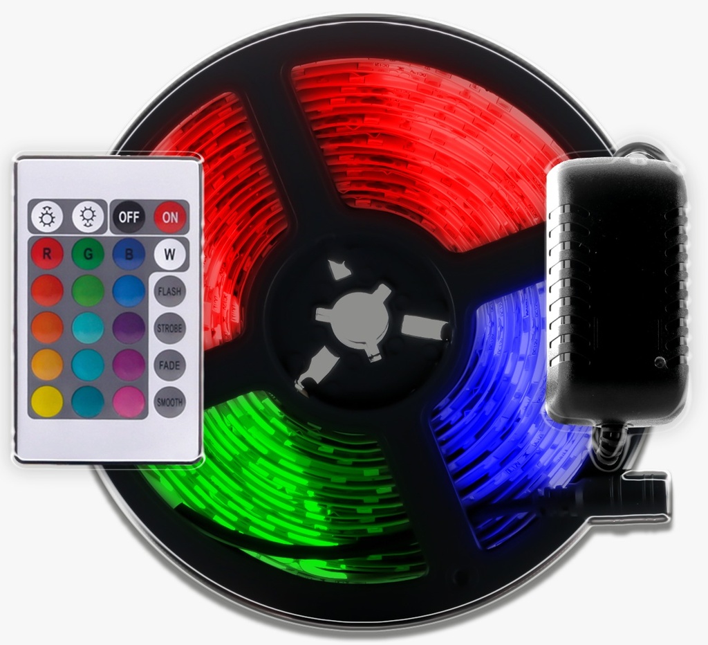 LUCES CINTA LED RGB CON CONTROL 12V 5MTS 60L/M (ZFR820) INCLUYE FUENTE 2AMP