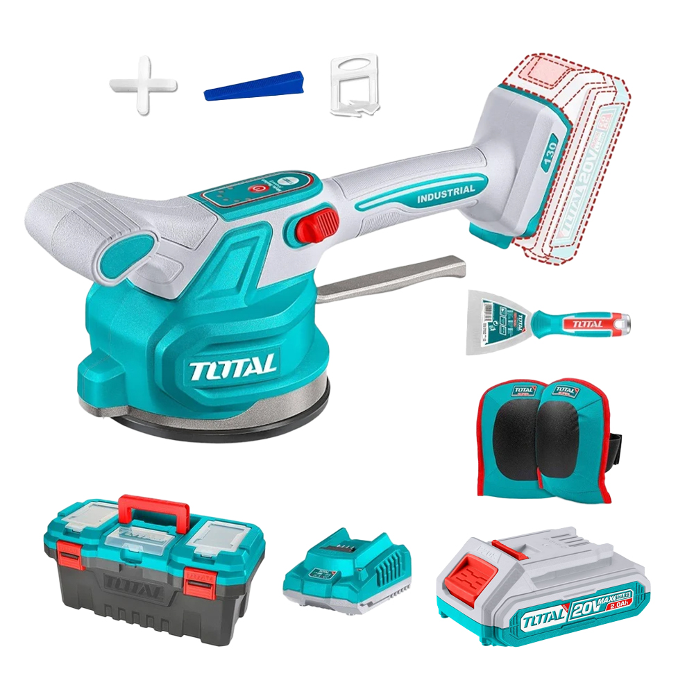 VIBRADOR DE BALDOSA INALAMBRICA 20V CON VENTOSA CAP 60KG INCLUYE 1 PAR DE RODILLERAS, ESPATULA, SEPARADORES DE BALDOSA (1.5-2.0-2.5), 1 BATERIA 2.0AH , CARGADOR Y CAJA HERRAMIENTA INDUSTRIAL TOTAL (UTTVLI20018)