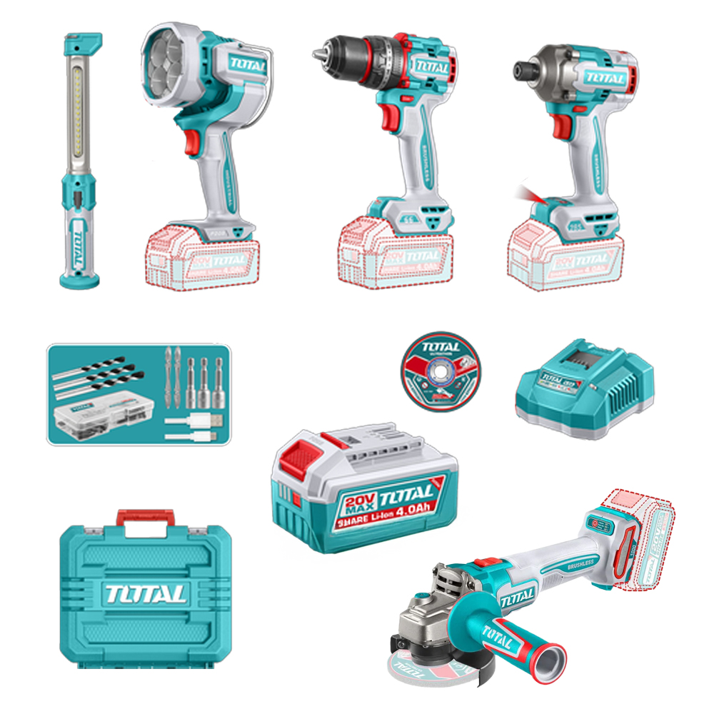COMBO INALAMBRICO 20V TALADRO  PERCUTOR 1/2 66 NM + PISTOLA IMPACTO 1/4 285 NM + PULIDORA  4 1/2 1000W + LAMPARA DE TRABAJO  2000 LM + LAMPARA DE TRABAJO 300 LM  INCLUYE 2 BATERIAS 4.0AH , CARGADOR Y ACCESORRIOS INDUSTRIAL SUPER TOTAL (UTOSLI250692)