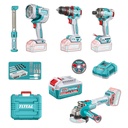 COMBO INALAMBRICO 20V TALADRO  PERCUTOR 1/2 66 NM + PISTOLA IMPACTO 1/4 285 NM + PULIDORA  4 1/2 1000W + LAMPARA DE TRABAJO  2000 LM + LAMPARA DE TRABAJO 300 LM  INCLUYE 2 BATERIAS 4.0AH , CARGADOR Y ACCESORRIOS INDUSTRIAL SUPER TOTAL (UTOSLI250692)