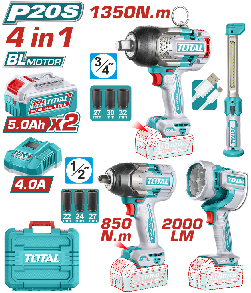 COMBO INALAMBRICO 20V TISTOLA IMPACTO INALAMBRICA 3/4 1350NM + PISTOLA IMPACTO INALAMBRICA 1/2 850NM+LAMPARA DE TRABAJO  2000 LM + LAMPARA DE TRABAJO 300 LM  INCLUYE 2 BATERIAS 5.0AH , CARGADOR Y ACCESORRIOS INDUSTRIAL SUPER TOTAL (UTOSLI250782)