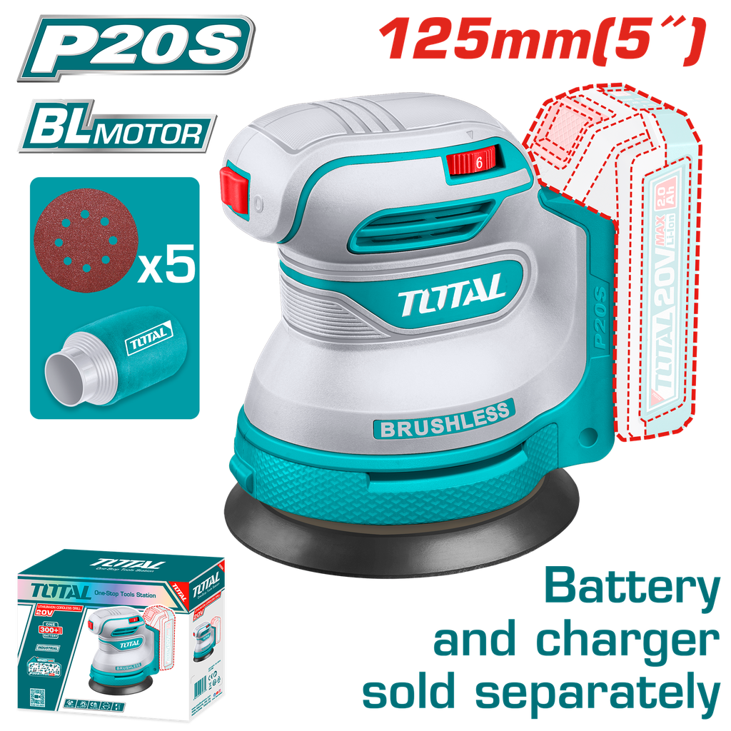 LIJADORA ROTO ORBITAL 5" 20V INCLUYE 5 DISCOS DE HOJA DE LIJA BATERIA Y CARGADOR SE VENDEN POR SEPARADO  INDUSTRIAL SUPER TOTAL (TROSLI2002)