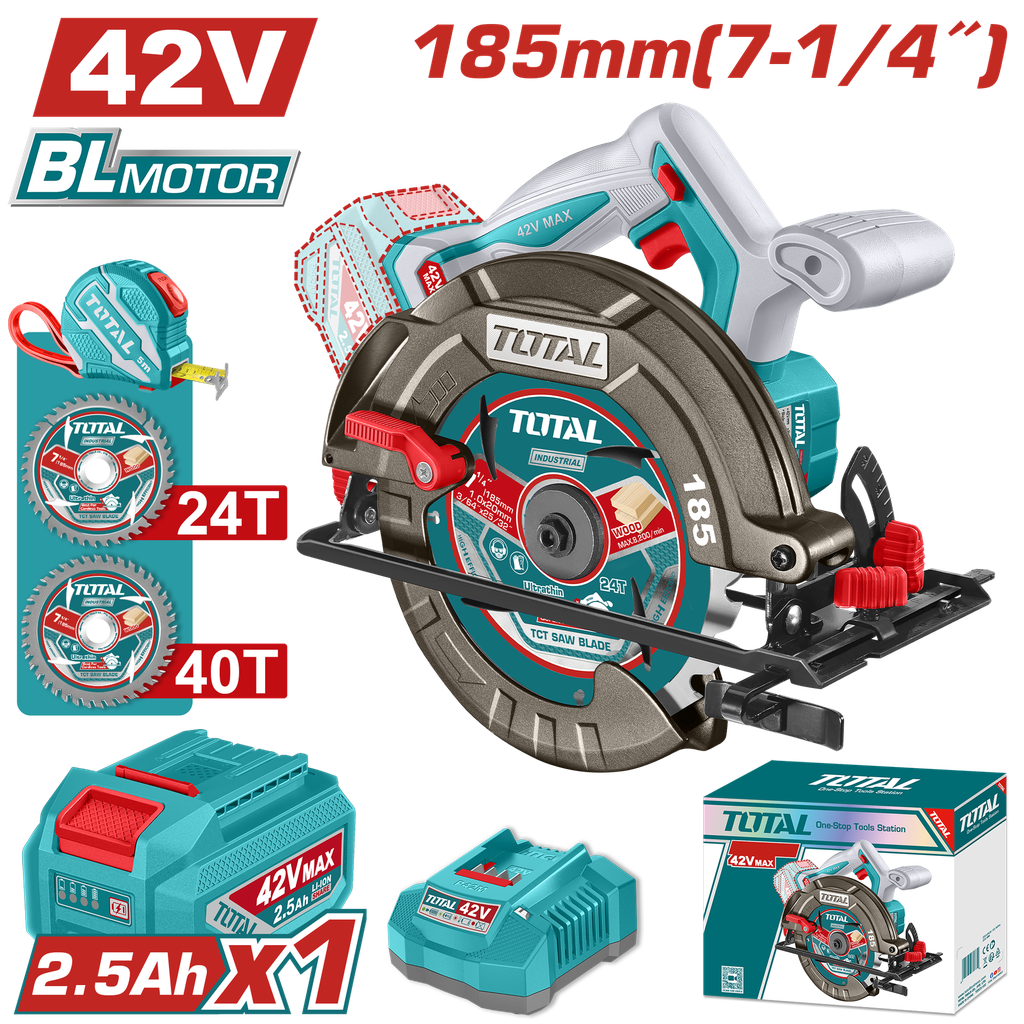 SIERRA CIRCULAR INALAMBRICA 42V 7-1/4" INCLUYE 1 BATERIA 2.5AH, CARGADOR Y ACCESORIOS INDUSTRIAL SUPER TOTAL (UTSLI4218511)