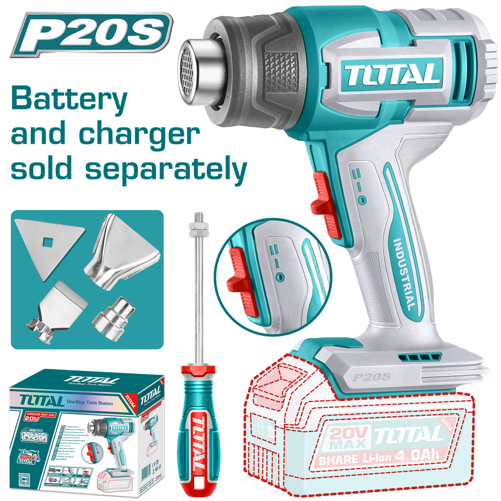 PISTOLA CALOR INALAMBRICA  20V CON TEMPERATURA AJUSTABLE  INCLUYE 4 BOQUILLAS 1 RASCADOR BATERIA Y CARGADOR NO INCLUIDO  INDUSTRIAL SUPER TOTAL (TBLI2006)