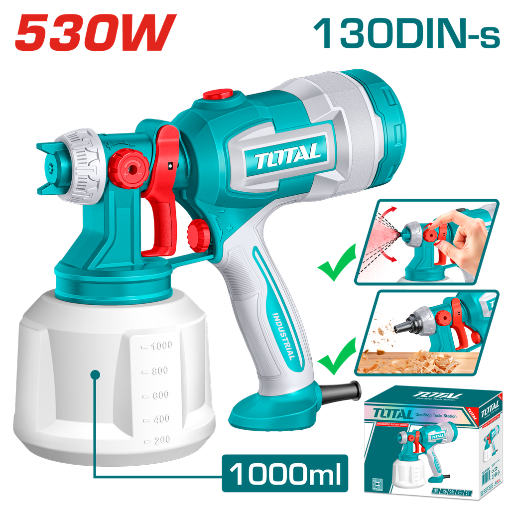 PISTOLA PINTAR INALAMBRICA 1000ML 530W INCLUYE AGUJA DE LIMPIEZA Y DOS BOQUILLAS,INDUSTRIAL SUPER TOTAL (UTT4506)