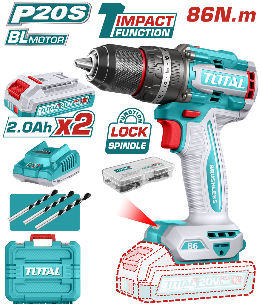 TALADRO INALAMBRICO PERCUTOR 1/2" 86 NM 20V CAJA PLASTICA INCLUYE 2  BATERIA 2.0AH, 1 CARGADOR Y ACCESORIOS INDUSTRIAL SUPER TOTAL (UTIDLI208687)