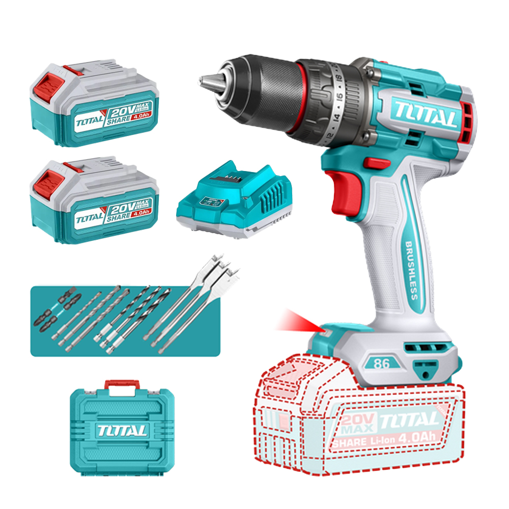 TALADRO INALAMBRICO PERCUTOR 1/2" 86NM 20V CAJA PLASTICA INCLUYE 2  BATERIA 4.0AH, 1 CARGADOR Y ACCESORIOS INDUSTRIAL SUPER TOTAL (UTIDLI208682)