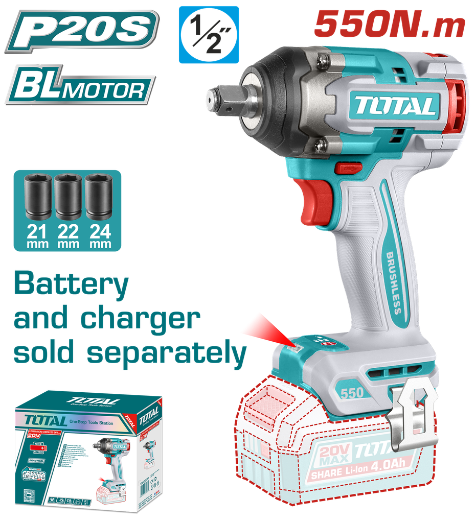 PISTOLA IMPACTO INALAMBRICA 1/2" 20V 550 NM INCLUYE 3 COPAS 21,22,24 MM, CARGADOR Y BATERIA SE VENDEN POR SEPARADO INDUSTRIAL SUPER TOTAL (TIWLI20551)