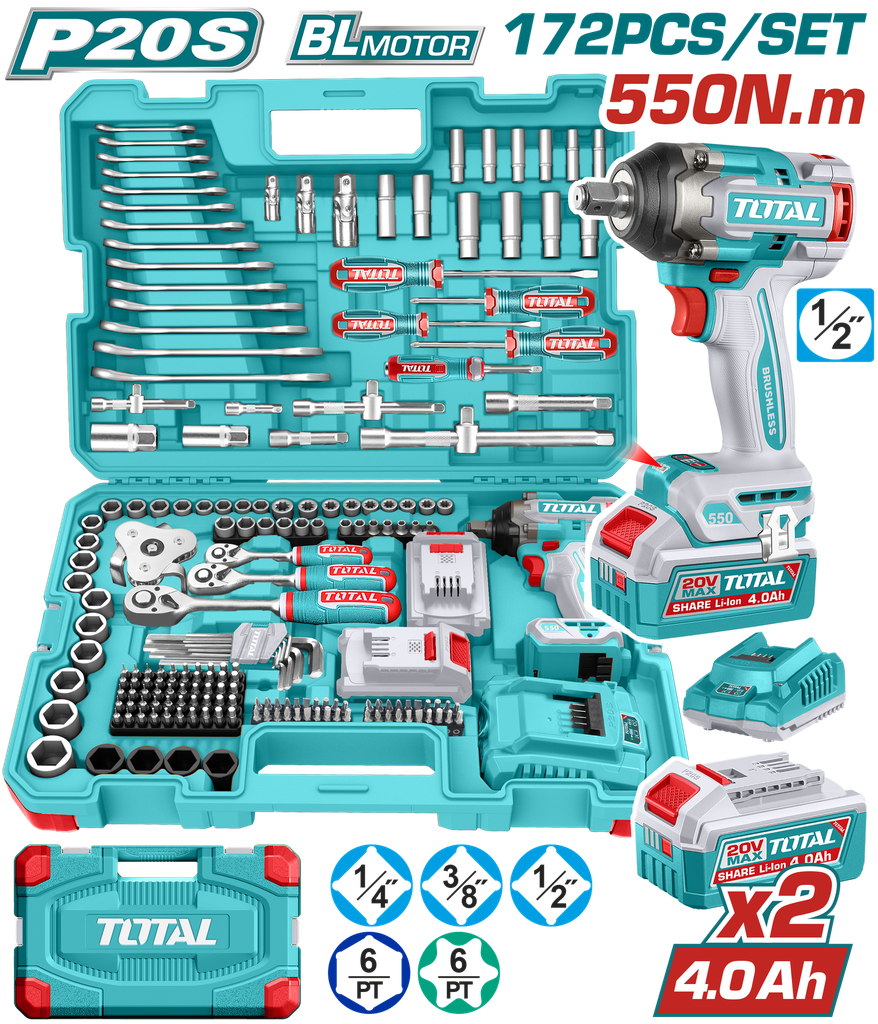 PISTOLA IMPACTO INALAMBRICA 1/2 20V 550 NM INCLUYE 2 BATERIAS 1 CARGADOR + 172 ACCESORIOS INSDUSTRIAL SUPER TOTAL (UTHKTHP41728)