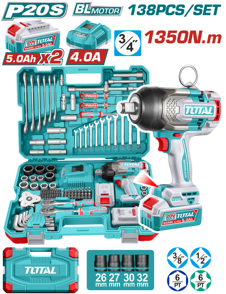 PISTOLA IMPACTO INALAMBRICA 3/4 20V 1350 NM INCLUYE 2 BATERIAS 1 CARGADOR + 132 ACCESORIOS INSDUSTRIAL SUPER TOTAL (UTHKTHP41383)