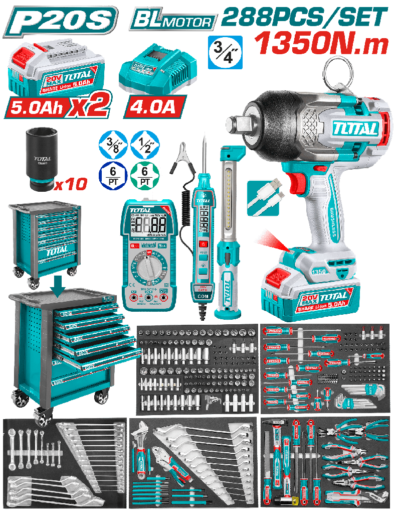 PISTOLA IMPACTO INALAMBRICA  1/2" 850 NM + 2 BATERIAS 5.0AH + CARGADOR + CAJA DE HERRAMIENTAS CON  288 ACCESORIOS  INDUSTRIAL SUPER TOTAL  (UTHPTCS82882)