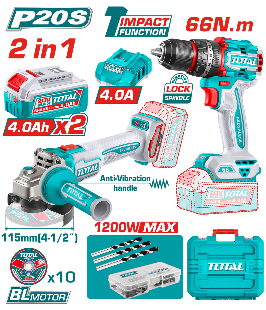COMBO INALAMBRICO 20V PULIDORA  4 1/2 INDUSTRIAL 1000W + TALADRO PERCUTOR   1/2 66NM  + 2 BATERIAS 4.0AH + CARGADOR + ACCESORIOS CAJA PLASTICA INDUSTRIAL SUPER TOTAL (UTCKLI20256)