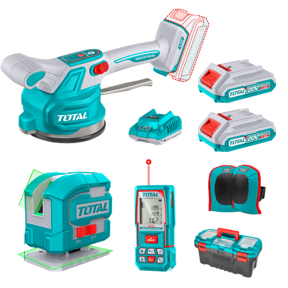 VIBRADOR DE BALDOSA INALAMBRICA 20V CON VENTOSA CAP 60KG INCLUYE 1 PAR DE RODILLERAS, METRO LASER 100M, NIVEL LASER 5 LINEAS 35M LUZ VERDE, 2 BATERISA 2.0AH , CARGADOR Y CAJA HERRAMIENTA INDUSTRIAL SUPER TOTAL (UTOSLI250606)