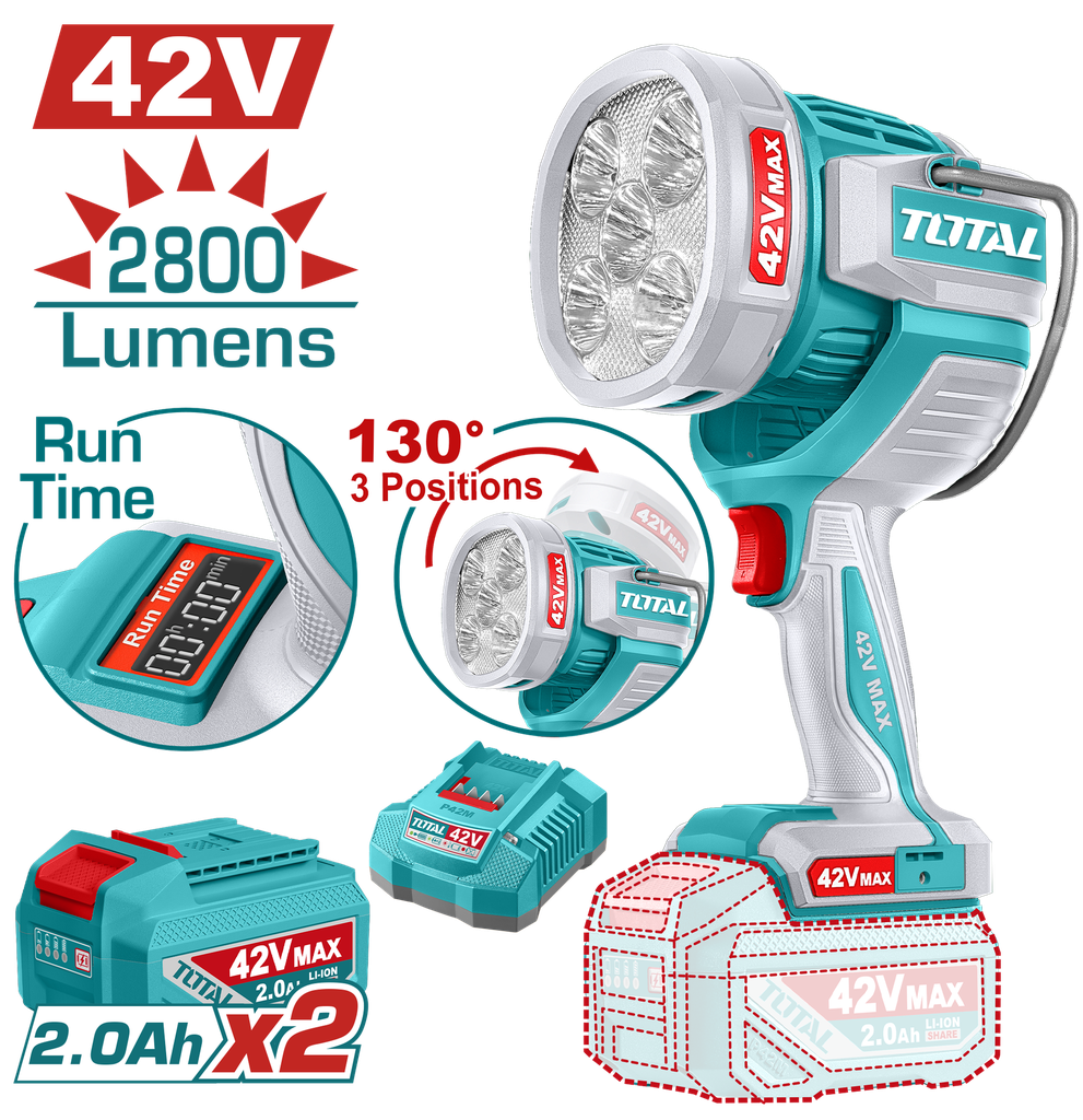 LAMPARA DE TRABAJO 42V 2800 LUMENES INCLUYE  BATERIAS 2.0AH Y CARGADOR INDUSTRIAL SUPER TOTAL (UTWLI42896)