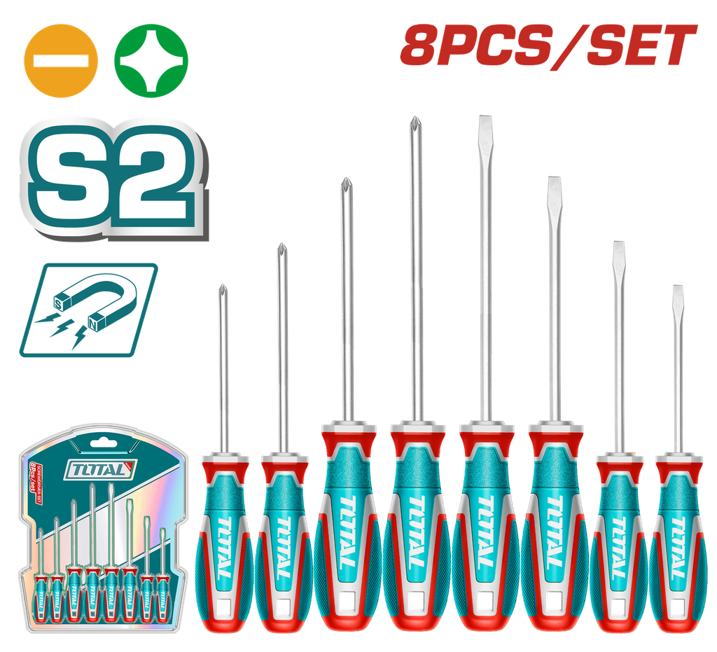 JUEGO DESTORNILLADORES X 8 PCS CROMO VANADIUM PUNTA IMANTADA INDUSTRIAL SUPER TOTAL (TKSDS0846)