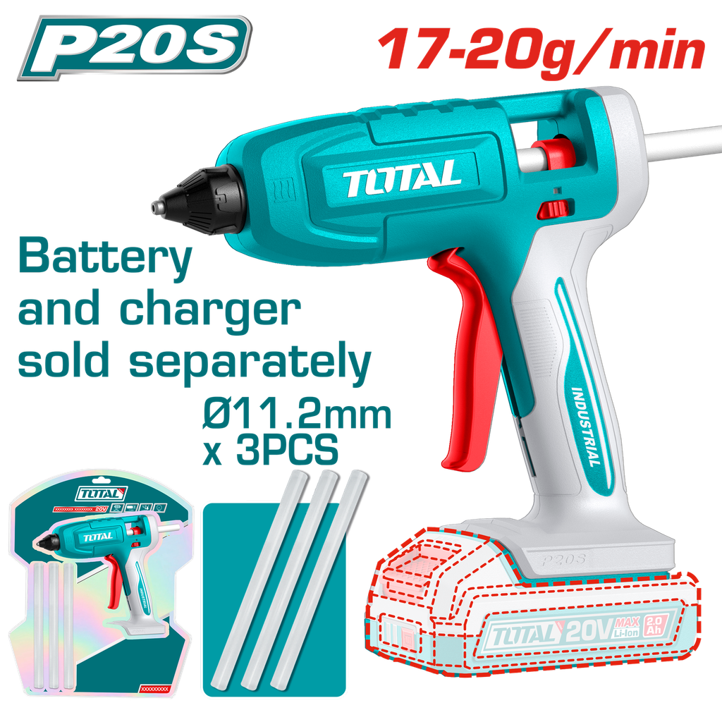 PISTOLA SILICONA 20V INCLUYE 3 BARRAS BATERIA Y CARGADOR SE VENDEN POR SEPARADO  SUPER TOTAL (TGGLI2003)