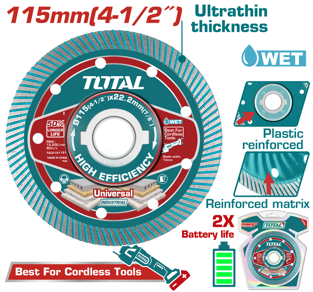 DISCO DIAMANTADO CONTINUO 4 1/2"  CORTE BALDOSA,MARMOL, CERAMICA INDUSTRIAL SUPER TOTAL (TAC2151151)