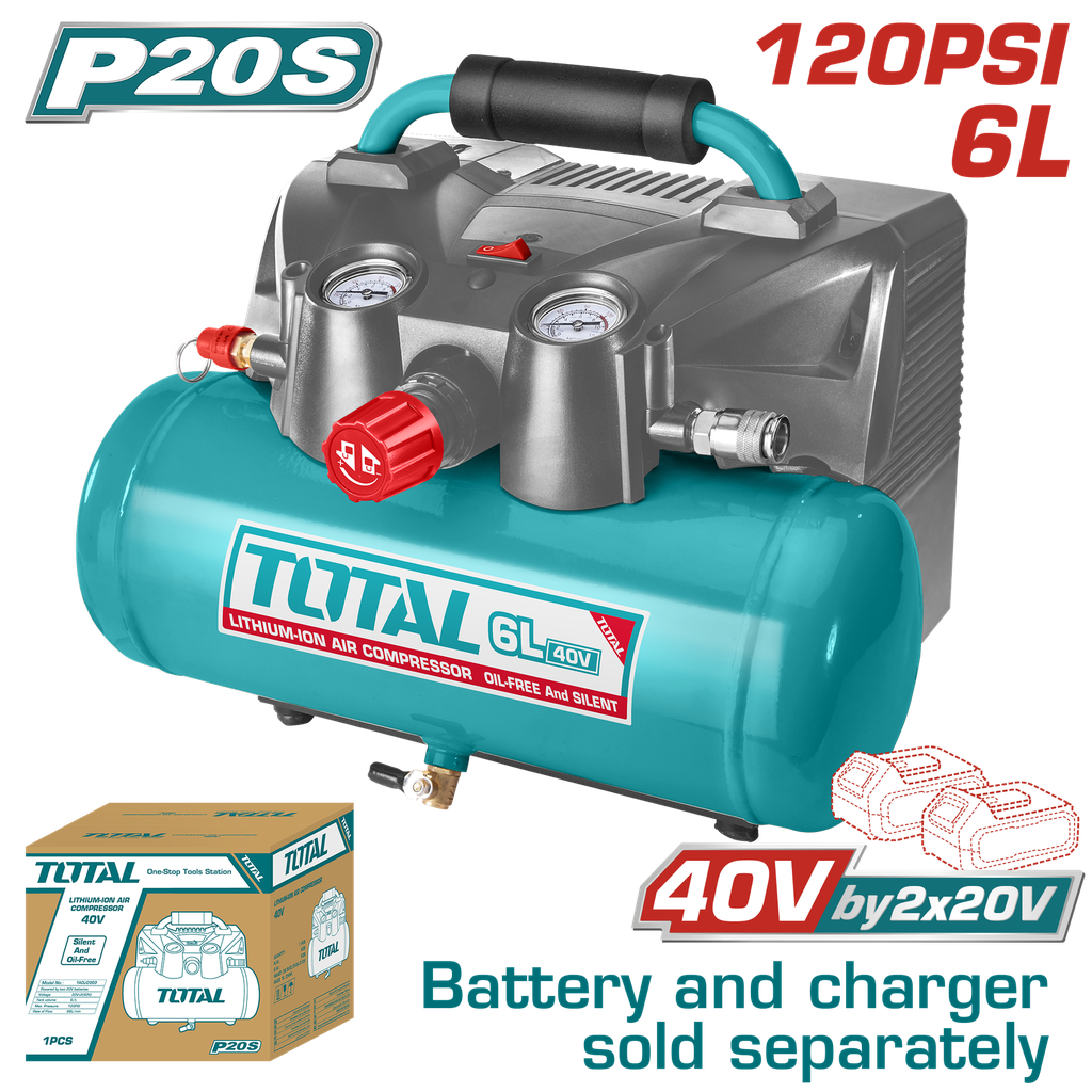 COMPRESOR AIRE INALAMBRICO 40V (2X20V) 120 PSI 6L 98L/MIN  INCLUYE 5 BOQUILAS Y UN ADAPTADOR BATERIA Y CARGADOR SE VENDEN POR SEPARADOR SUPER TOTAL (TACLI2003)