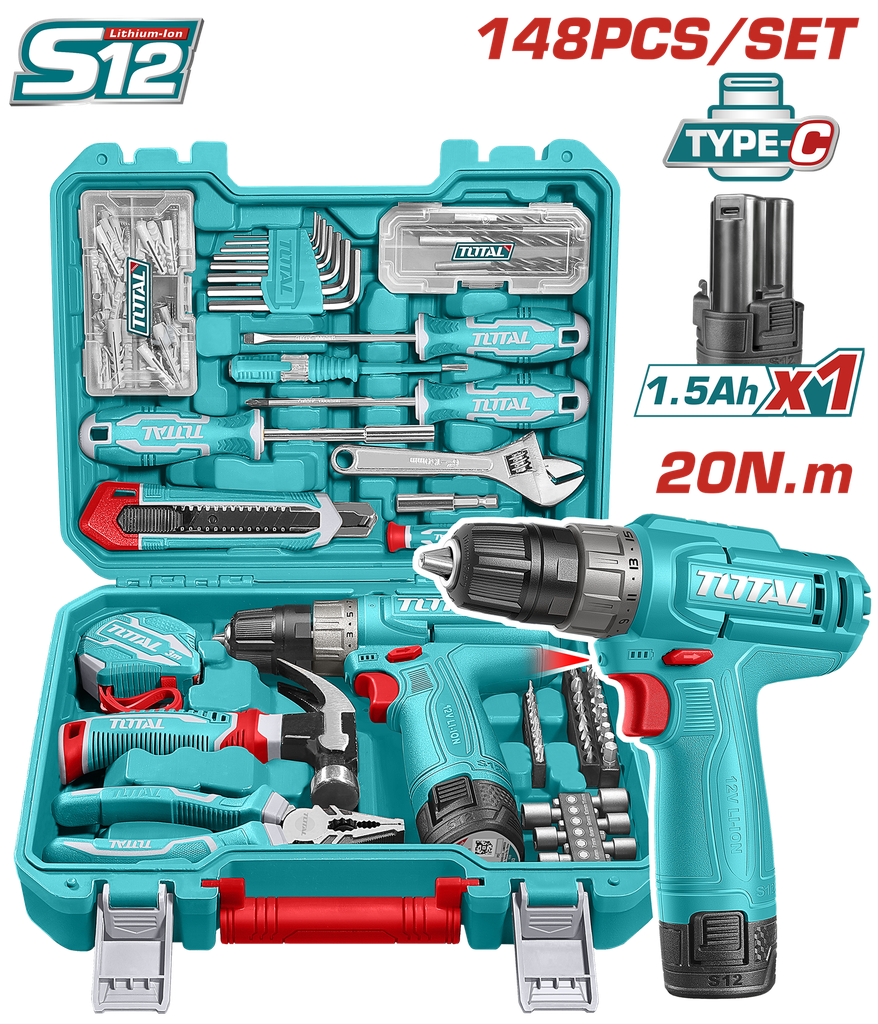 TALADRO INALAMBRICO 3/8 12V 20NM + BATERIA 1.5AH + KIT DE HERRAMIENTAS 148 PZS SUPER TOTAL (THKTHP41487)
