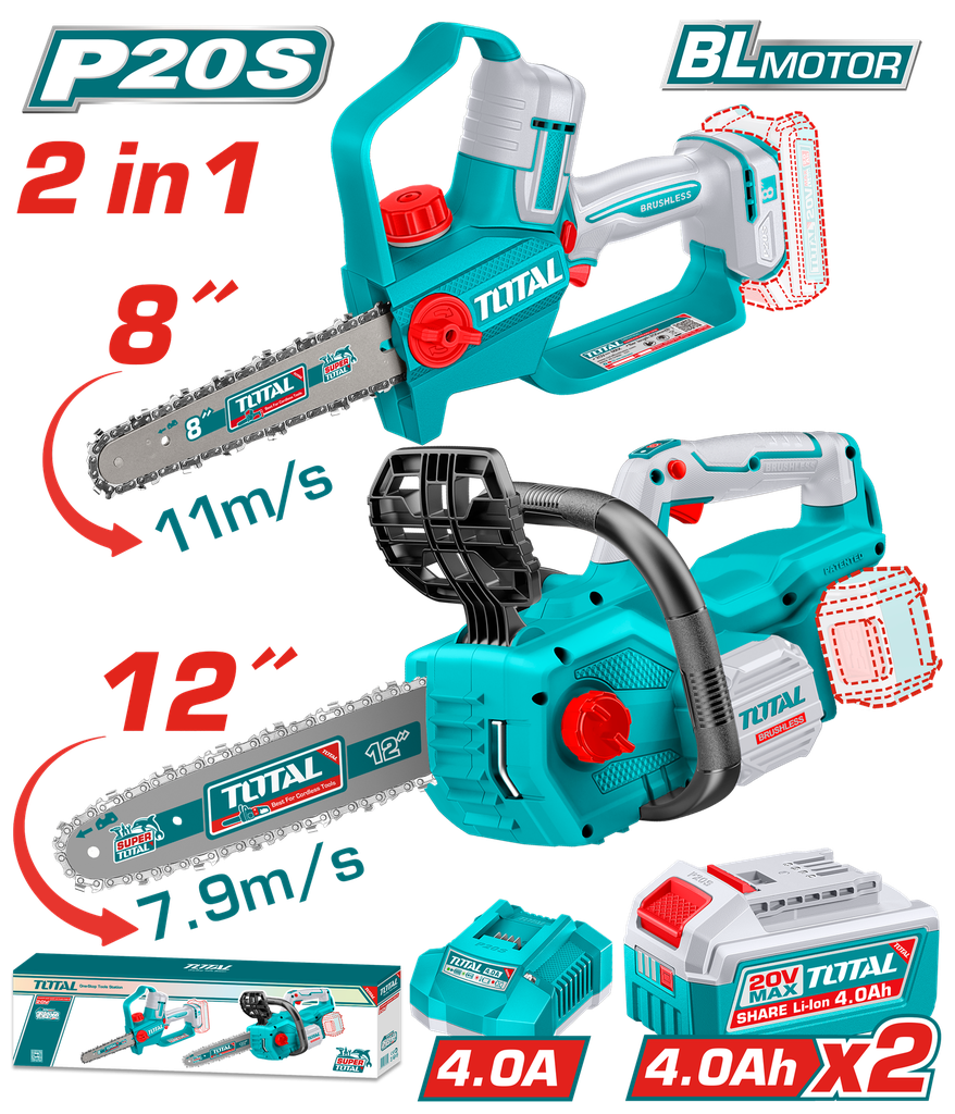 COMBO INALAMBRICO 20V SIERRA MINI 8" + MOTOSIERRA 12" + 2 BATERIAS 4.0AH + CARGADOR INDUSTRIAL SUPER TOTAL (UTOSLI251085)