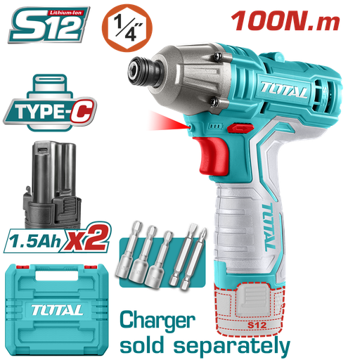 [20557] ATORNILLADOR DE IMPACTO INALAMBRICO 1/4 12V 100NM  INCLUYE 2 BATERIAS, 2 PUNTA TALADRO Y 3 COPAS  CAJA PLASTICA SUPER TOTAL (TIRLI12015)